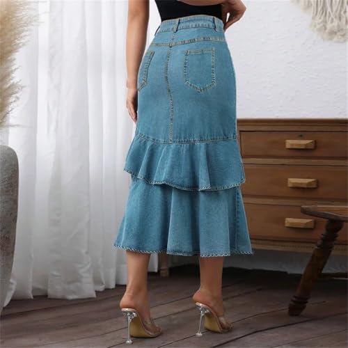 Falda midi de mezclilla para mujer con ajuste irregular y faldas acampanadas de color liso, azul, 4XL