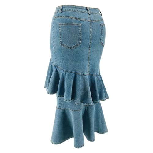 Falda midi de mezclilla para mujer con ajuste irregular y faldas acampanadas de color liso, azul, 4XL