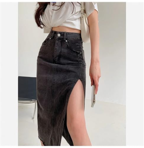Faldas largas de mezclilla para mujer, estilo vintage, con abertura lateral, azul, L