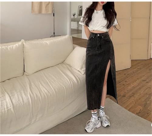 Faldas largas de mezclilla para mujer, estilo vintage, con abertura lateral, azul, L