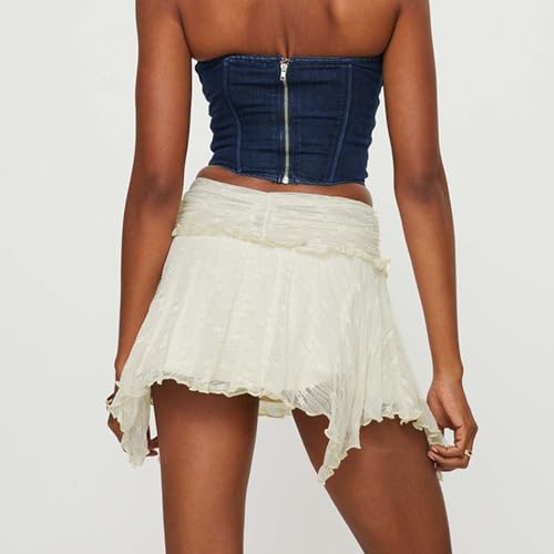 Minifalda de encaje para mujer, falda corta asimétrica de hada Y2K, cintura baja, plisada, dobladillo con volantes, faldas en capas, Albaricoque, M