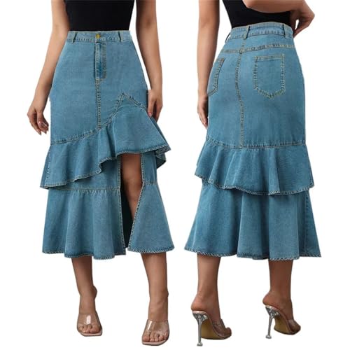 Falda midi de mezclilla para mujer con ajuste irregular y faldas acampanadas de color liso, azul, 4XL