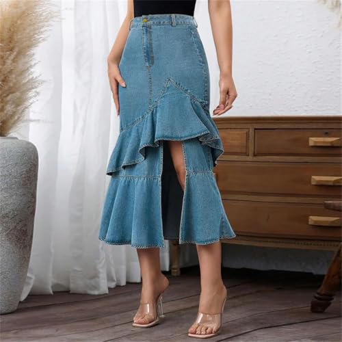 Falda midi de mezclilla para mujer con ajuste irregular y faldas acampanadas de color liso, azul, 4XL
