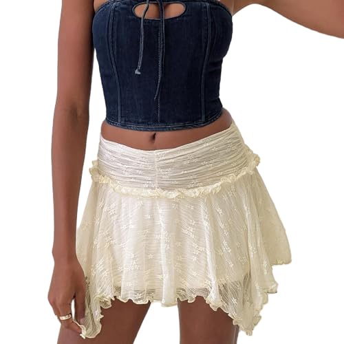 Minifalda de encaje para mujer, falda corta asimétrica de hada Y2K, cintura baja, plisada, dobladillo con volantes, faldas en capas, Albaricoque, M