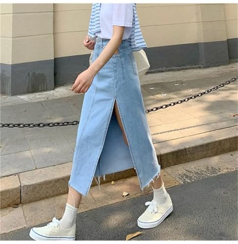 Faldas largas de mezclilla para mujer, estilo vintage, con abertura lateral, azul, L
