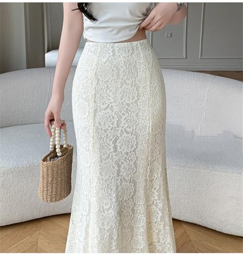 Falda de encaje blanco para mujer, cintura alta, delgada, floral, color liso, para fiesta, beige, S