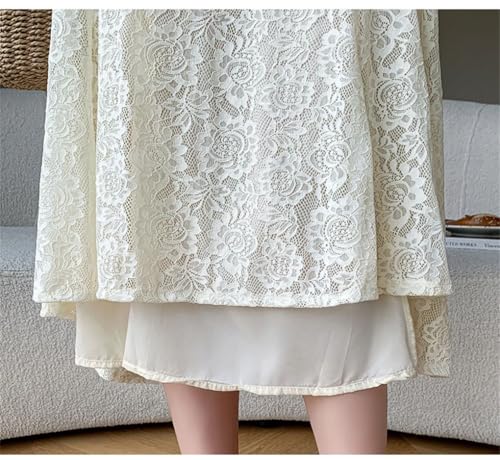Falda de encaje blanco para mujer, cintura alta, delgada, floral, color liso, para fiesta, beige, S