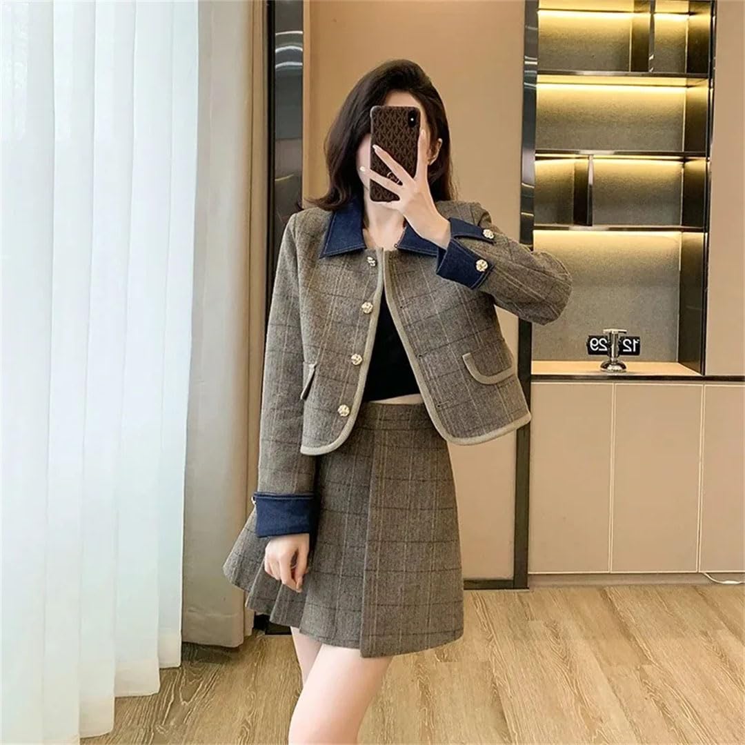 Conjunto de dos piezas de falda de tweed de invierno para mujer, chaqueta de solapa de un solo botonadura + minifalda plisada, café, XL