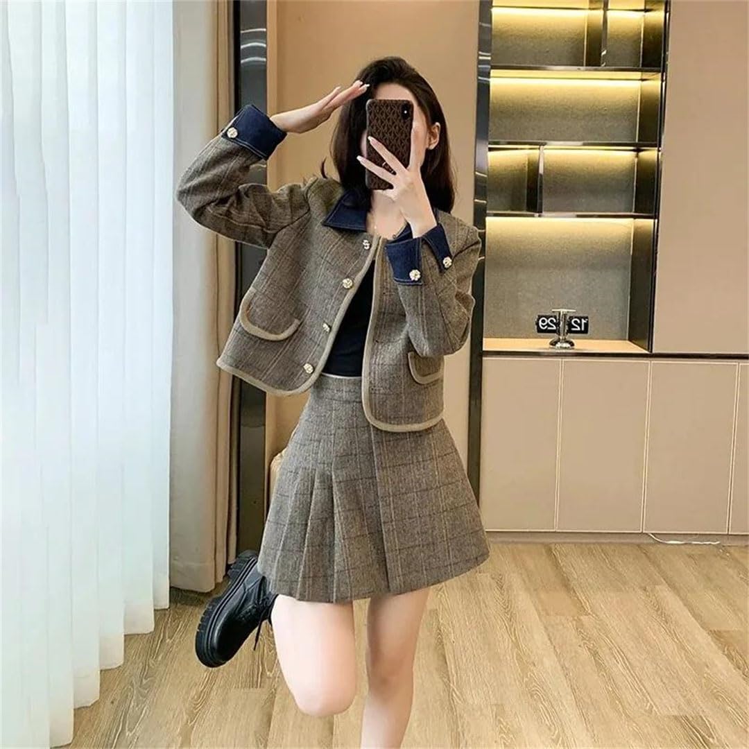Conjunto de dos piezas de falda de tweed de invierno para mujer, chaqueta de solapa de un solo botonadura + minifalda plisada, café, XL