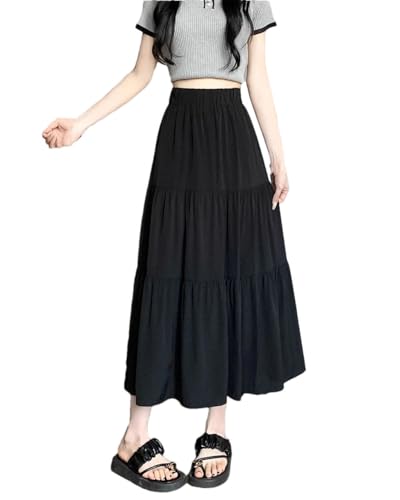 Falda básica de cintura alta para mujer, color liso, falda plisada acampanada, Negro, S