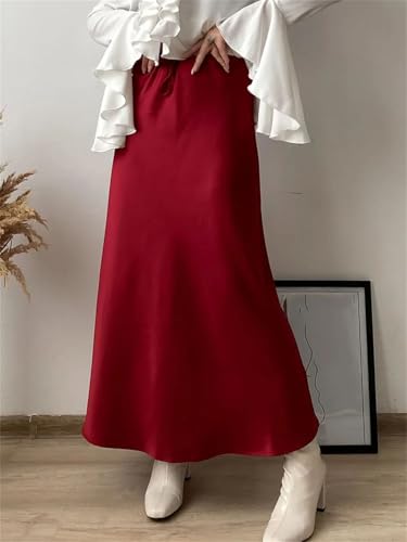Faldas largas de satén para mujer, falda de seda con cinturón largo recto, gris, S