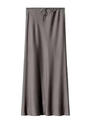 Faldas largas de satén para mujer, falda de seda con cinturón largo recto, gris, S