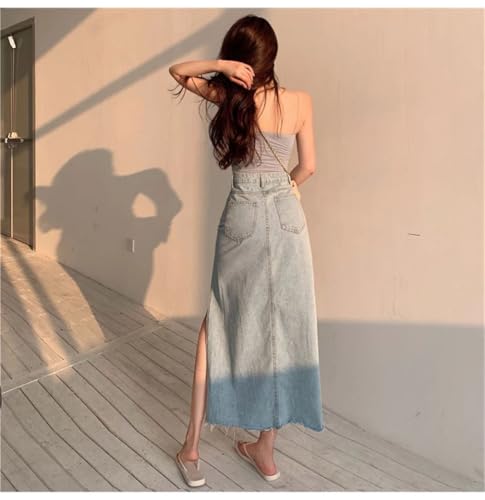 Faldas largas de mezclilla para mujer, estilo vintage, con abertura lateral, azul, L