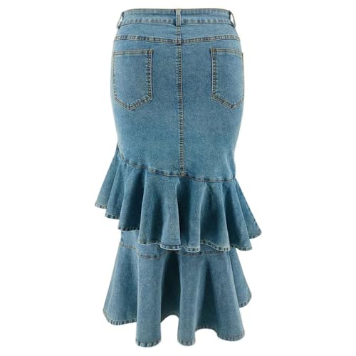 Falda midi de mezclilla para mujer con ajuste irregular y faldas acampanadas de color liso, azul, 4XL