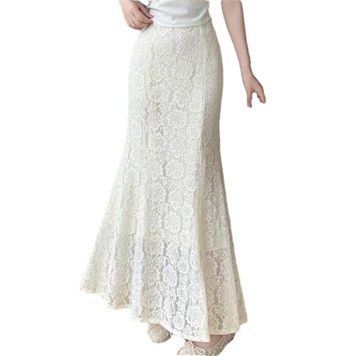Falda de encaje blanco para mujer, cintura alta, delgada, floral, color liso, para fiesta, beige, S