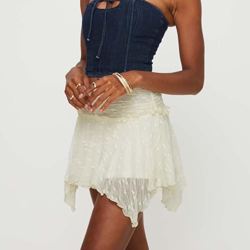 Minifalda de encaje para mujer, falda corta asimétrica de hada Y2K, cintura baja, plisada, dobladillo con volantes, faldas en capas, Albaricoque, M