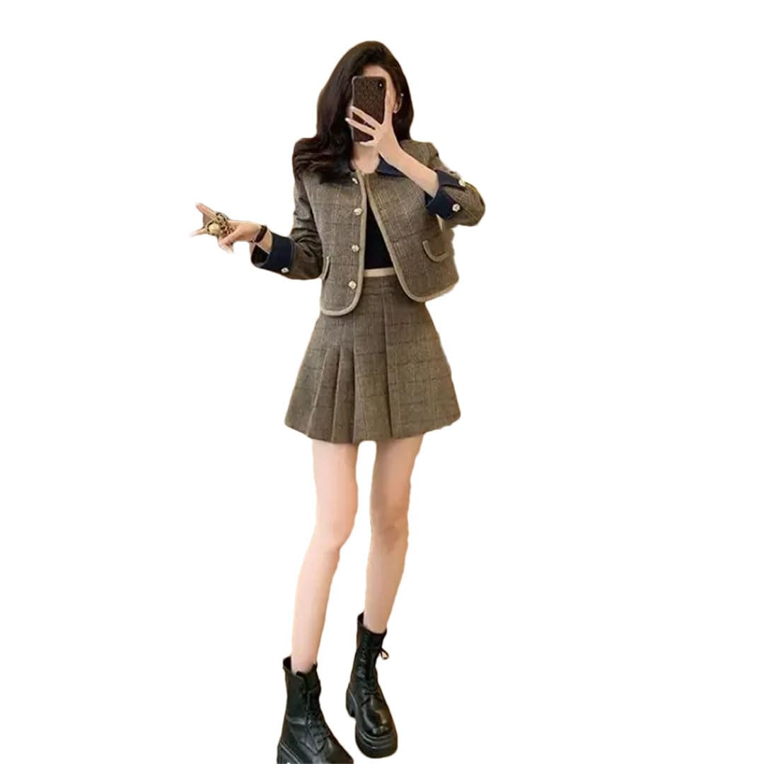 Conjunto de dos piezas de falda de tweed de invierno para mujer, chaqueta de solapa de un solo botonadura + minifalda plisada, café, XL
