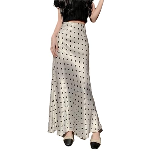 Falda vintage de satén con estampado de lunares para mujer, falda suelta casual de cintura alta, albaricoque, S