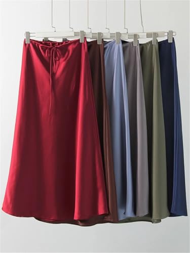 Faldas largas de satén para mujer, falda de seda con cinturón largo recto, gris, S