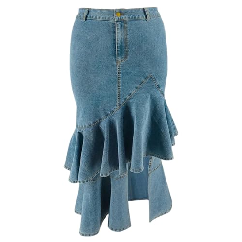 Falda midi de mezclilla para mujer con ajuste irregular y faldas acampanadas de color liso, azul, 4XL