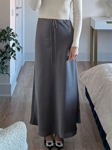 Faldas largas de satén para mujer, falda de seda con cinturón largo recto, gris, S