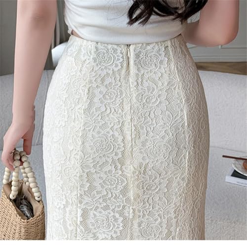 Falda de encaje blanco para mujer, cintura alta, delgada, floral, color liso, para fiesta, beige, S