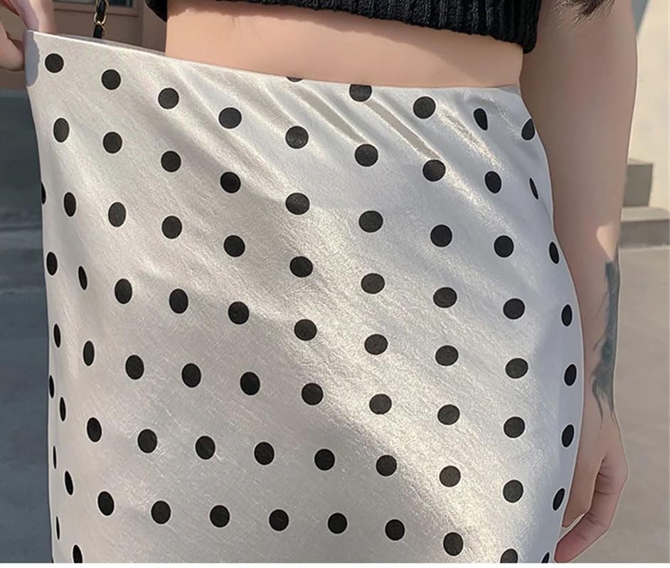 Falda vintage de satén con estampado de lunares para mujer, falda suelta casual de cintura alta, albaricoque, S