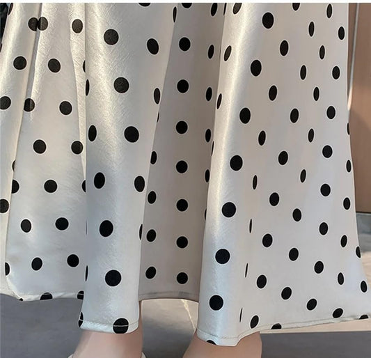 Falda vintage de satén con estampado de lunares para mujer, falda suelta casual de cintura alta, albaricoque, S