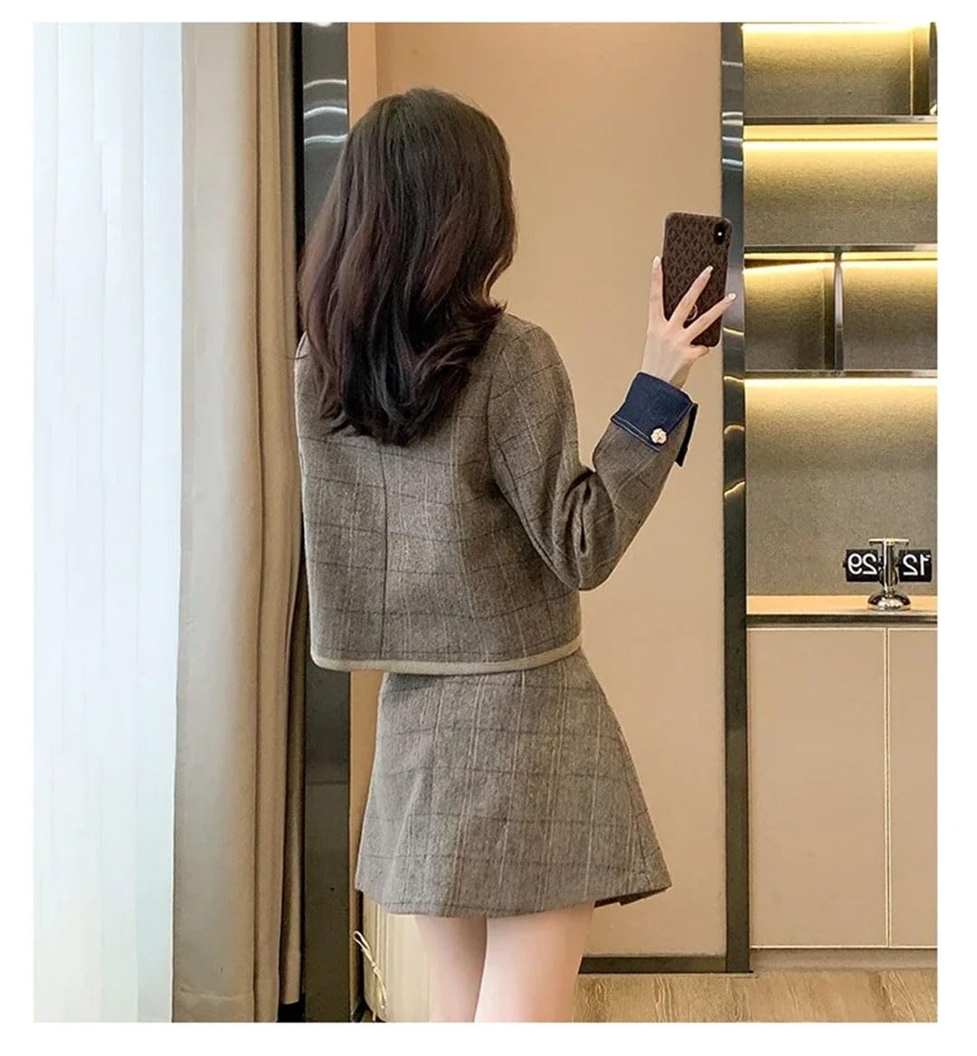 Conjunto de dos piezas de falda de tweed de invierno para mujer, chaqueta de solapa de un solo botonadura + minifalda plisada, café, XL