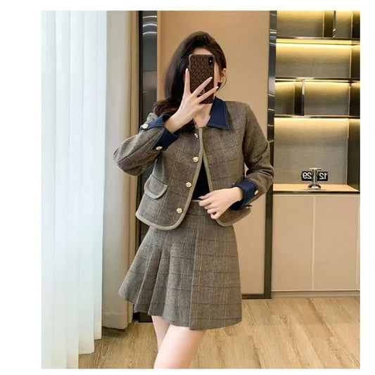 Conjunto de dos piezas de falda de tweed de invierno para mujer, chaqueta de solapa de un solo botonadura + minifalda plisada, café, XL